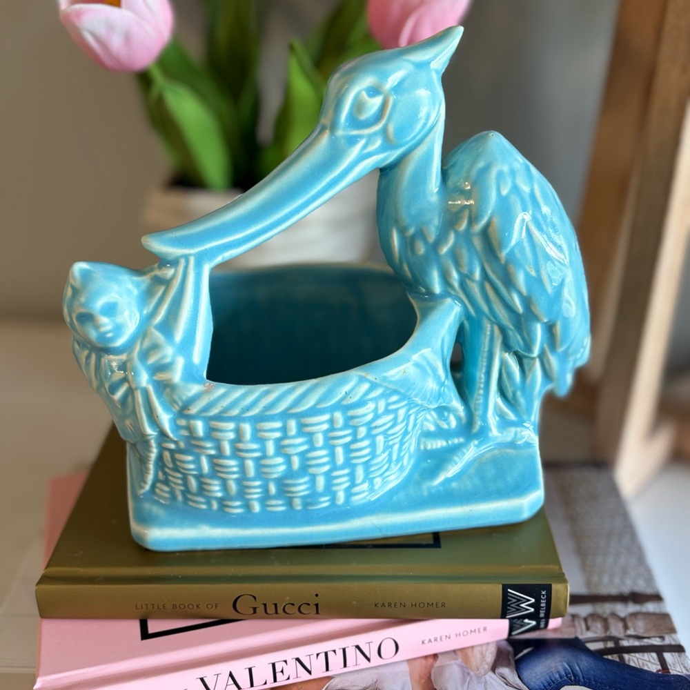 Blue Ceramic Stork and Basket Figurine - Picture 1 of 1